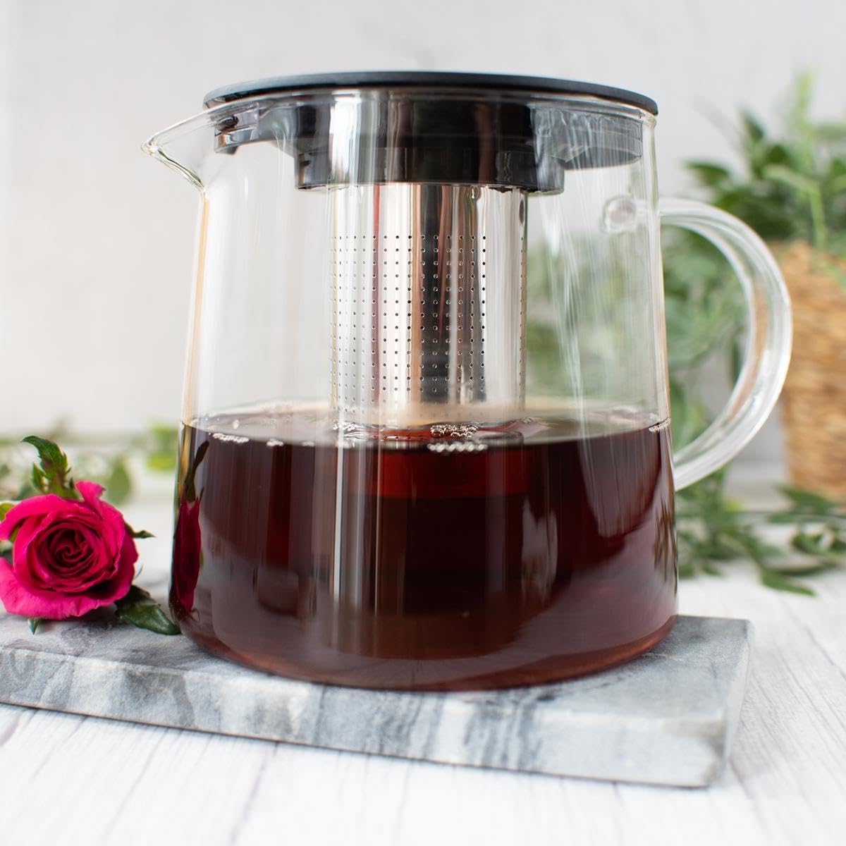 Teiera In Vetro – 1000 Ml Capacità – Filtro Estraibile In Acciaio Inox E Filtro Nel Beccuccio – Vetro Borosilicato Resistente Al Calore Plus: Tazze Di Tè Al Glas - Foto 3