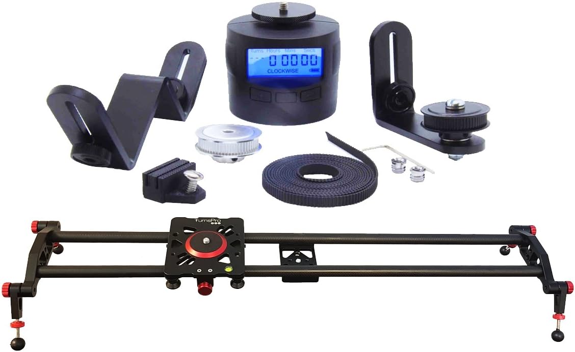 Motorized Camera Slider bundle. Sliding timelapse starter kit for DSLR up to 3Kg. Contains '80cm carbon fiber slider', 'TurnsPro : Slider Edition' and 'Motorised Slider Adaptor Kit'.