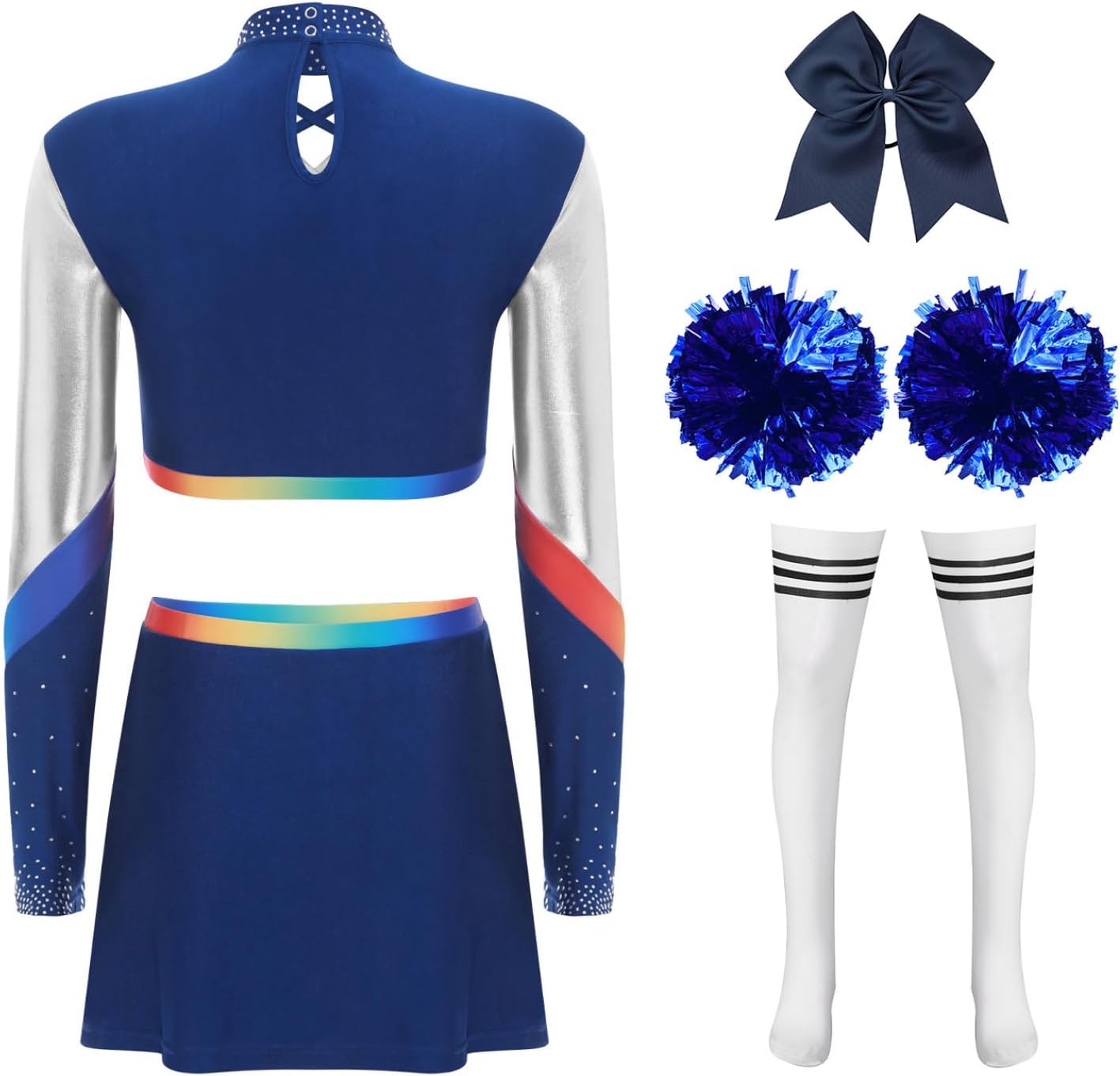 Women's Cheerleading Dancewear Uniform Long Sleeve Mock Neck Crop Top Rhinestone Skirt Set
