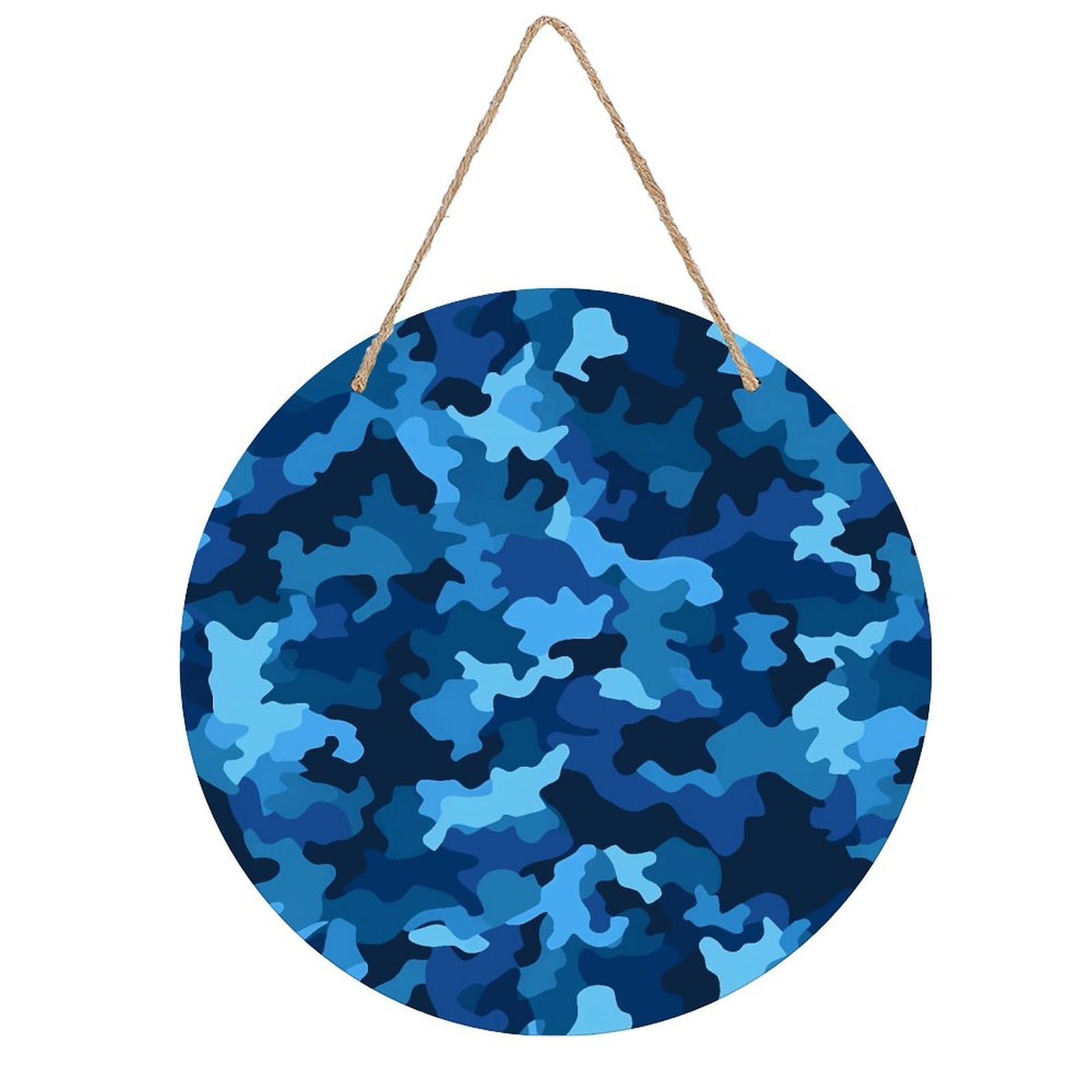 VstaDank Blue Camo Wooden Wall Art Decor Round Wood Plaque Wooden Door Hanger Sign with Hole And Hanger Rope Trend Wood Decorative Paintings for Home Outdoor Indoor 7.87 Inch