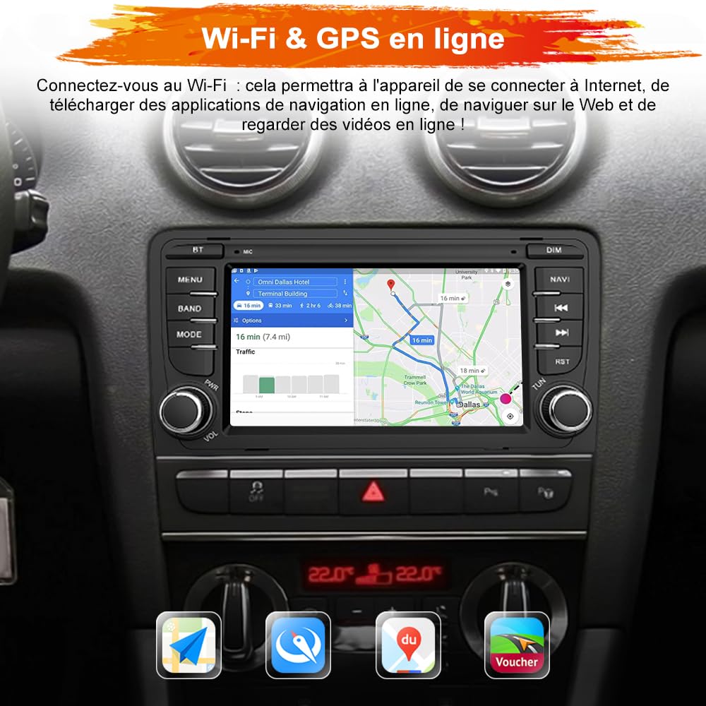 AWESAFE Autoradio Android 15 pour Audi A3 S3 RS3 8P (2003-2012), 7 Pouces Écran Tactile 2Go+32Go, CarPlay & Android Auto, GPS WiFi Bluetooth USB FM, Commandes au Volant