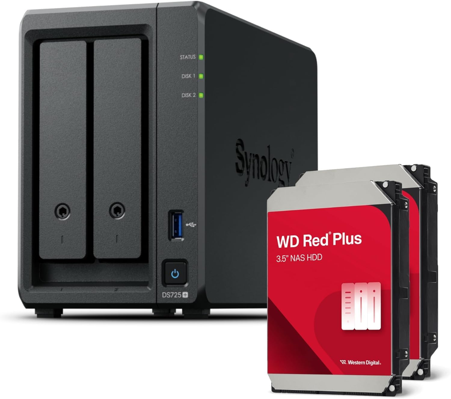 Synology DS725+ 8 To Western Digital (WD Red Plus 2 x 4 To) Série 2 Bay Plus avec Ryzen R1600, 4 Go de RAM (32 Go max), 1 x 2,5 GbE, 1 x 1 GbE, 2 x emplacements M.2 NVMe