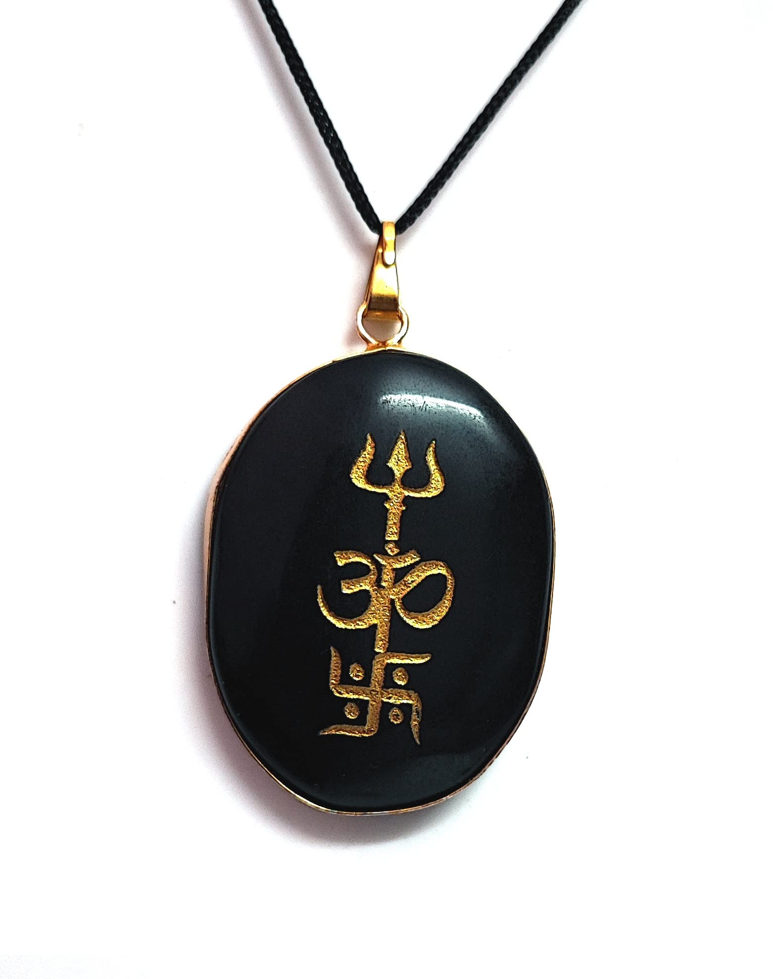 Auspicious Protective Black Tourmaline Crystal Engraved Tri shakti Symbol Om Swastik Trishul Pendant For Men And Women-image-0