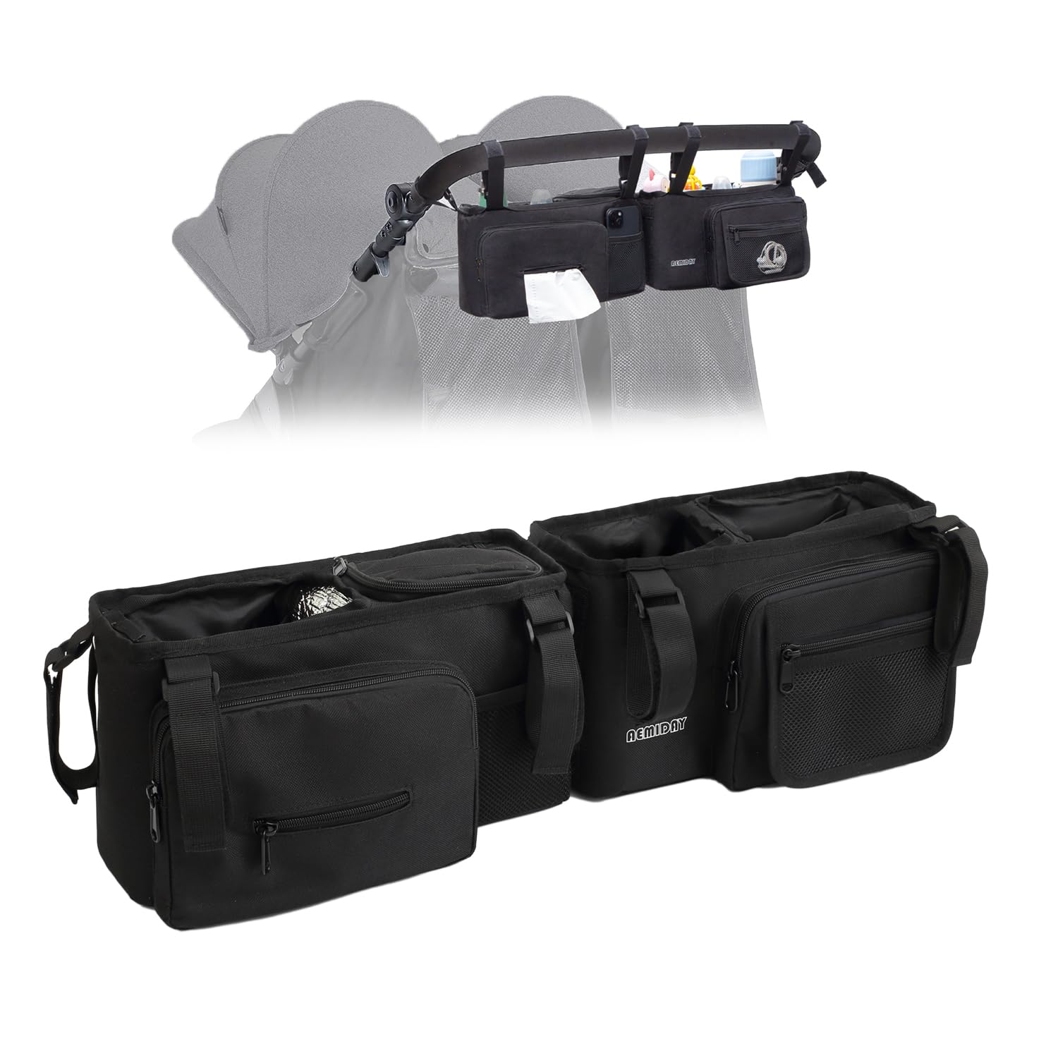 AEMIDAY Double Stroller Organizer Compatible with BOB Duallie and Baby Jogger City Mini GT2 Double Stroller, Double Baby Stroller Accessories with 2