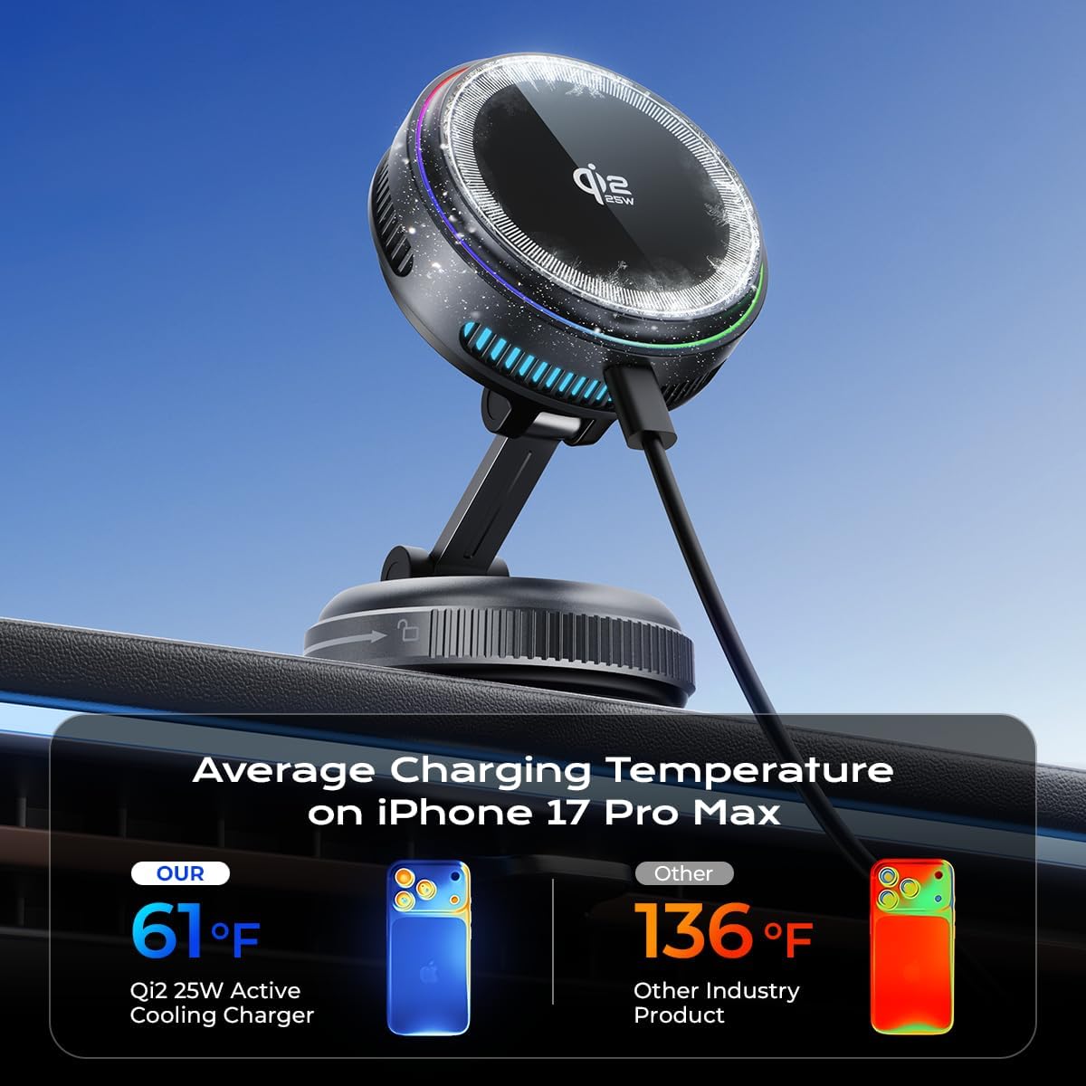 Qi2.2 Magnetic Car Mount Charger【25W Fast Charging+Ice-Cooling】 360° Rotating Fast Wireless Charger Stand with Cooling Fan/LED Light,Vacuum Magnetic Phone Holder Compatible with iPhone 12-17, S26/S25