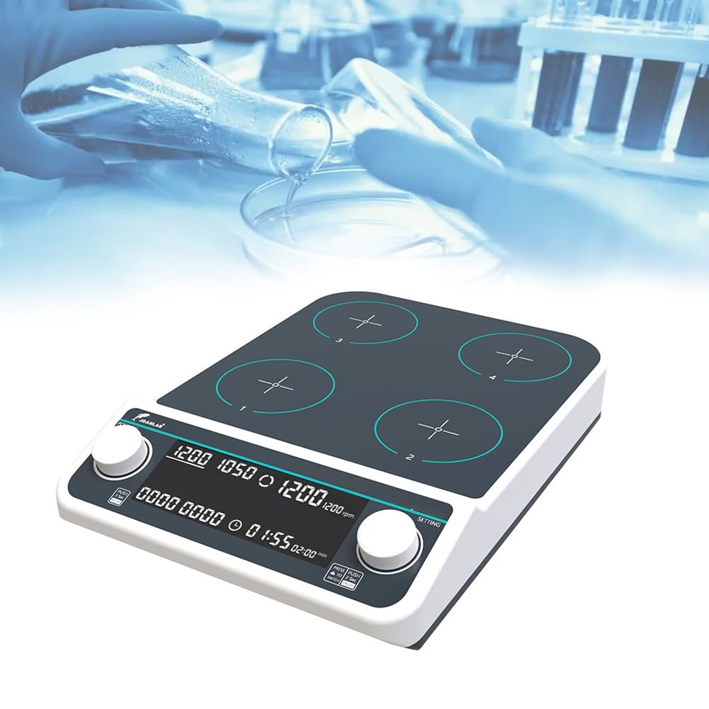 Mezclador magnético 50-1500 RPM, AC100-240V control síncrono/asincrónico, tiempo ajustable 1 min - 19 H 59 min, volumen 4 x 500 ml, motor sin escobillas para uso en laboratorio