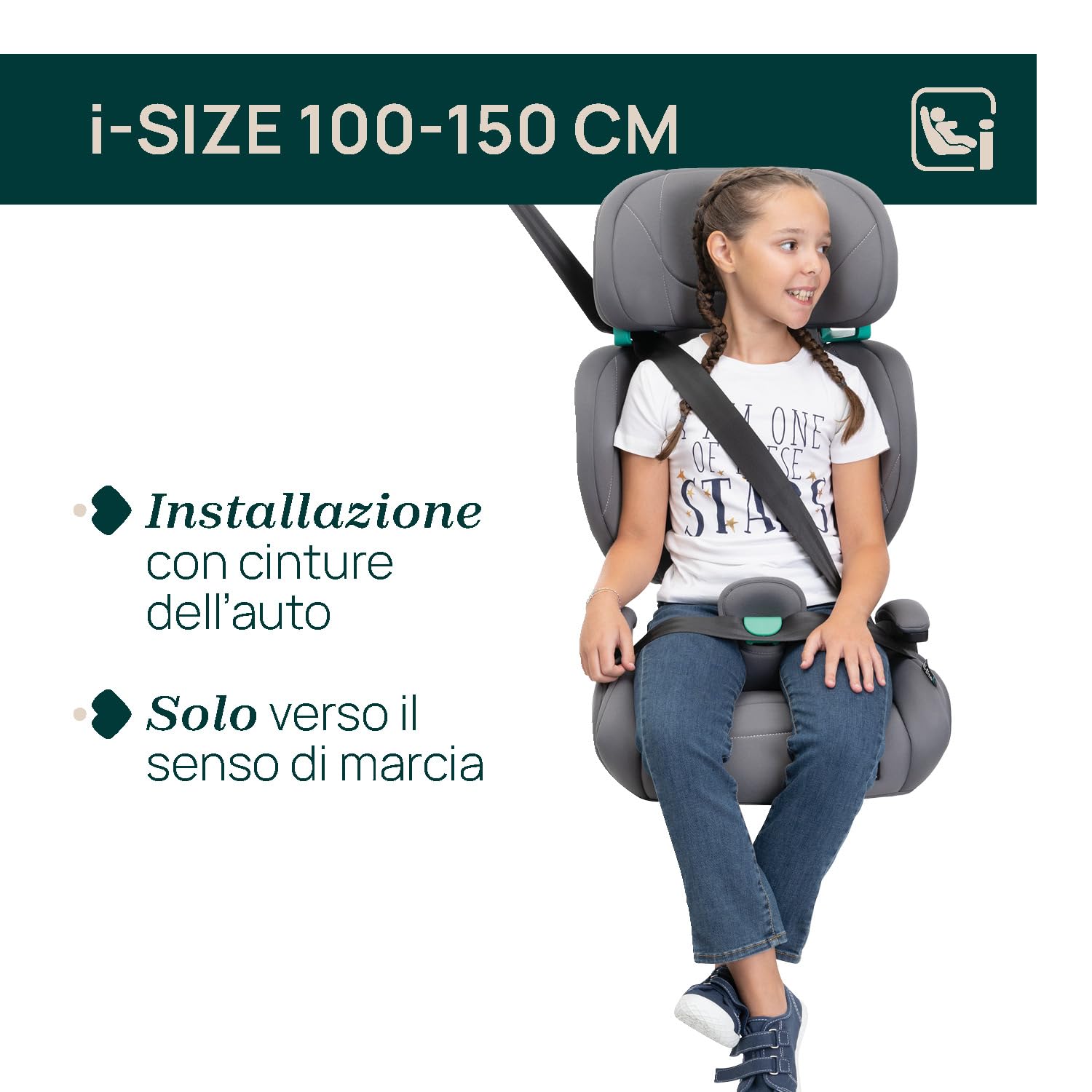 Chicco Quizy Lite i-Size, Seggiolino Auto Bambini 3-12 Anni (100-150 cm), Peso 15-36 kg, Facile da Installare, Regolabile in Altezza, con Braccioli Imbottiti e Seduta Confortevole, Grigio