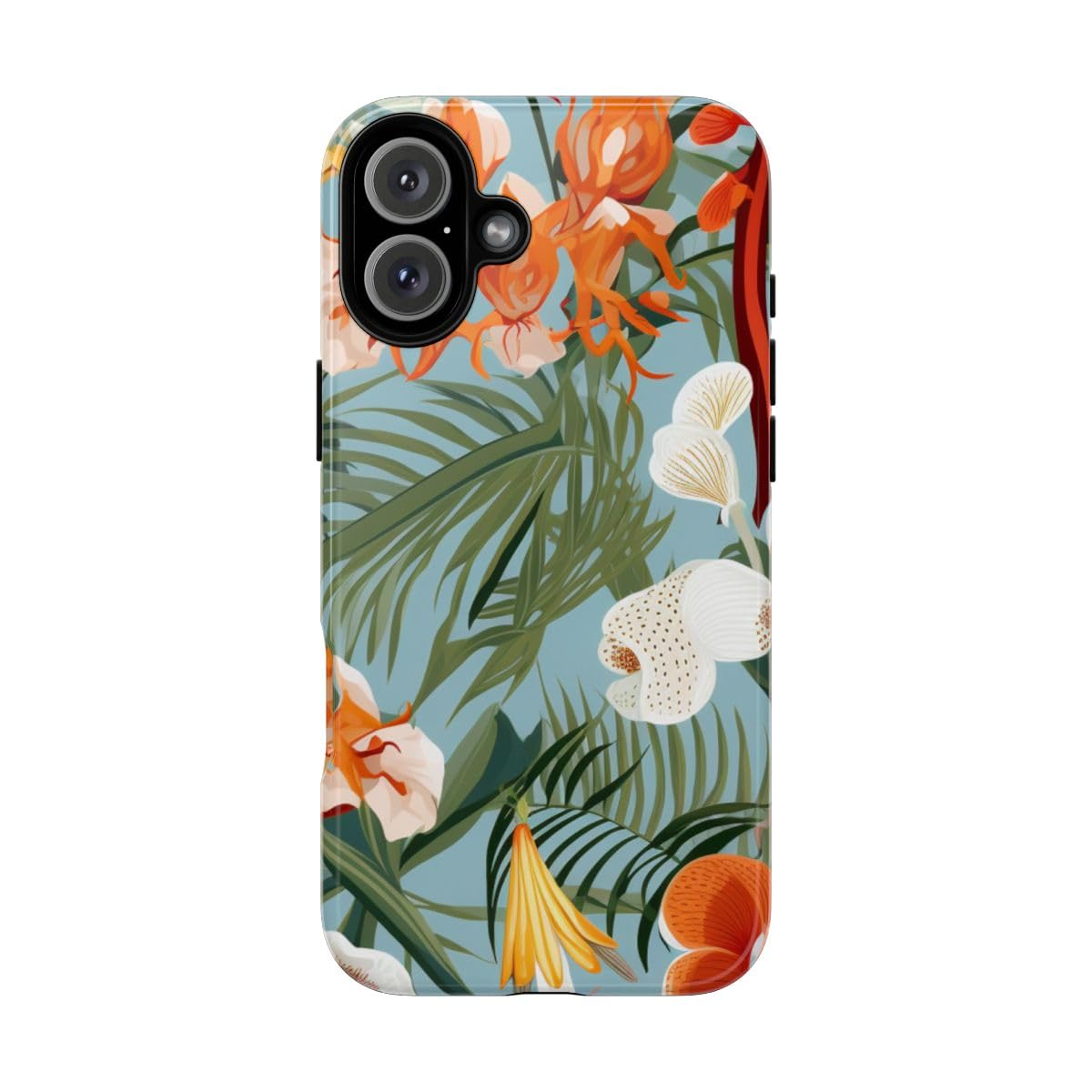 Coque rigide iPhone 16 Plus motif feuillage tropical vert et orchidées brillantes
