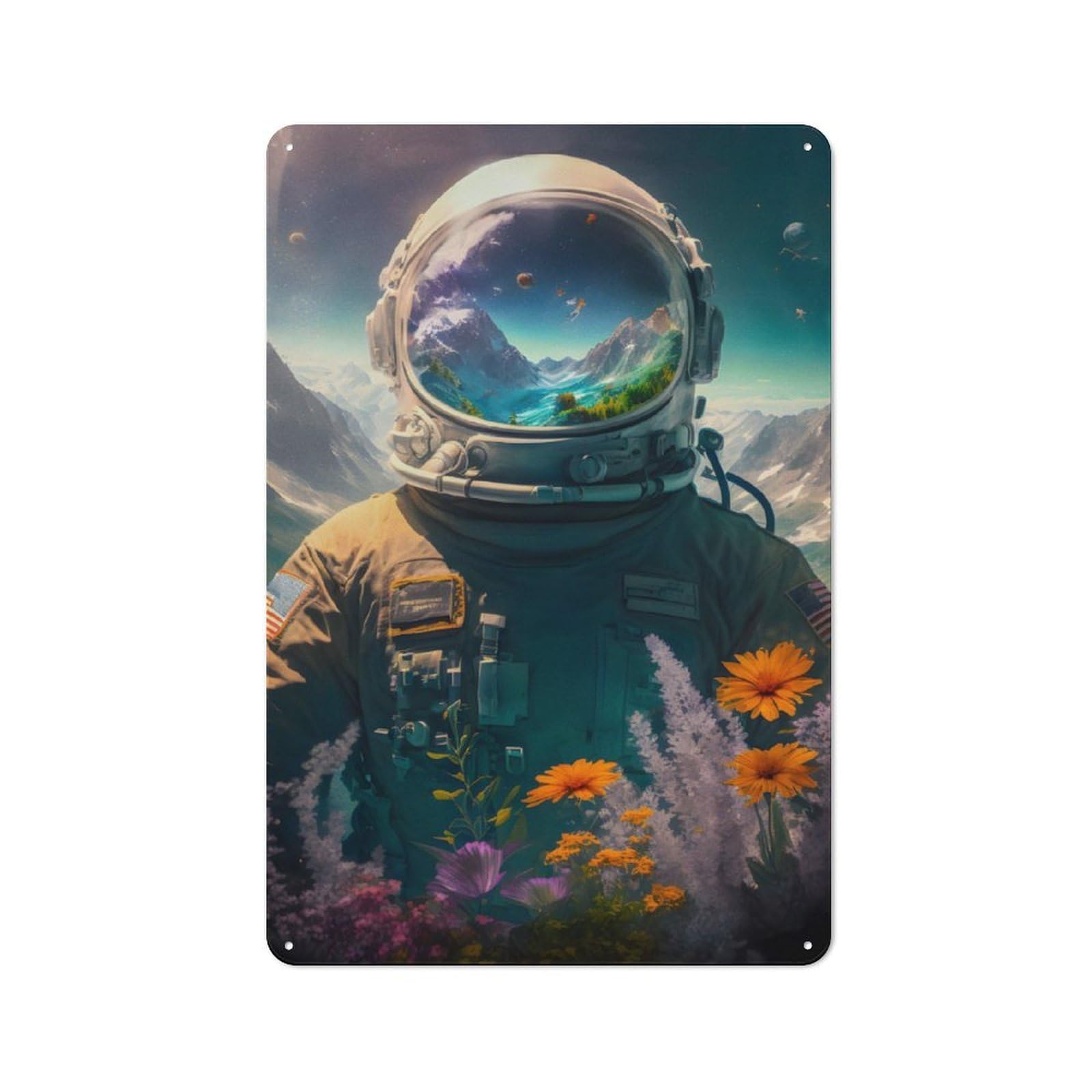 Junmoney Astronaut Flowers Rustic Tin Sign 30X20cm For Café Or Restaurant, A Decorative Christmas Gift For Hospitality Interior Collectors