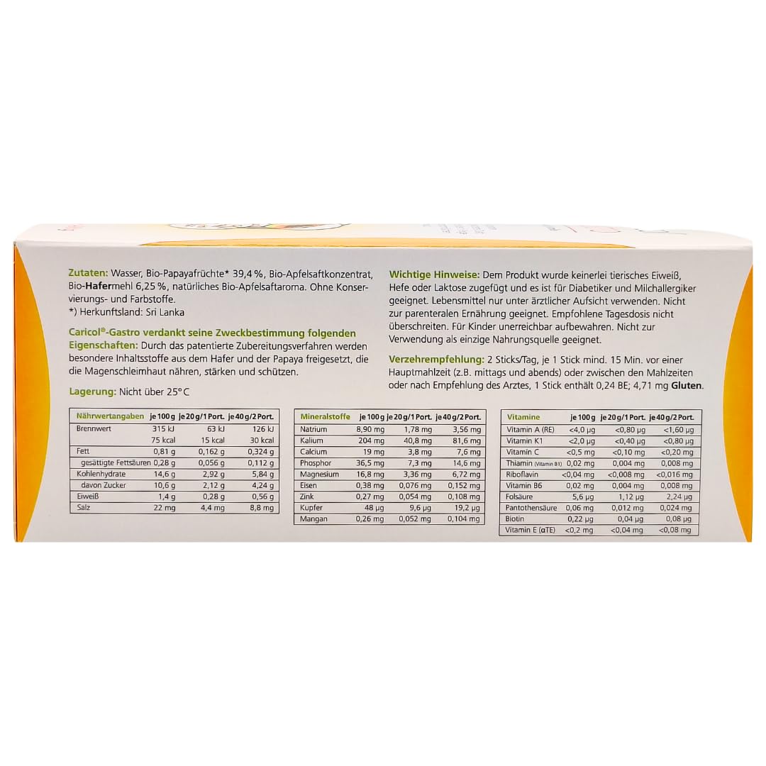 Gastro 20 Sticks á 20 g I Unterstützung für die Magenschleimhaut I Gastritis I Magenschmerzen I mit Papaya und Hafer I Bio Naturprodukt I Spar-Set plus Pharma Perle ((2x Caricol Gastro)