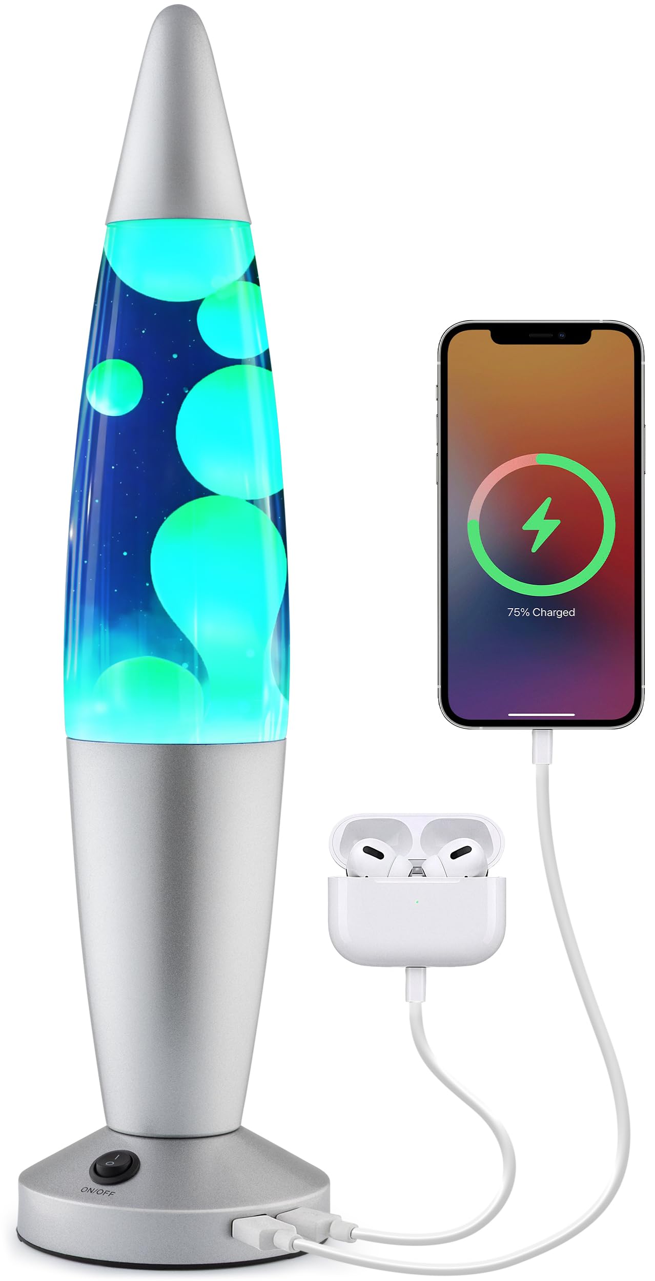 JAMBO Beautiful Liquid Lamp with USB Ports, 16" Motion Light with Blue Liquid Yellow Wax, Relaxing Nightlight, Mood Light for Bedroom, Living Room, Office - Adults, Teens, Kids