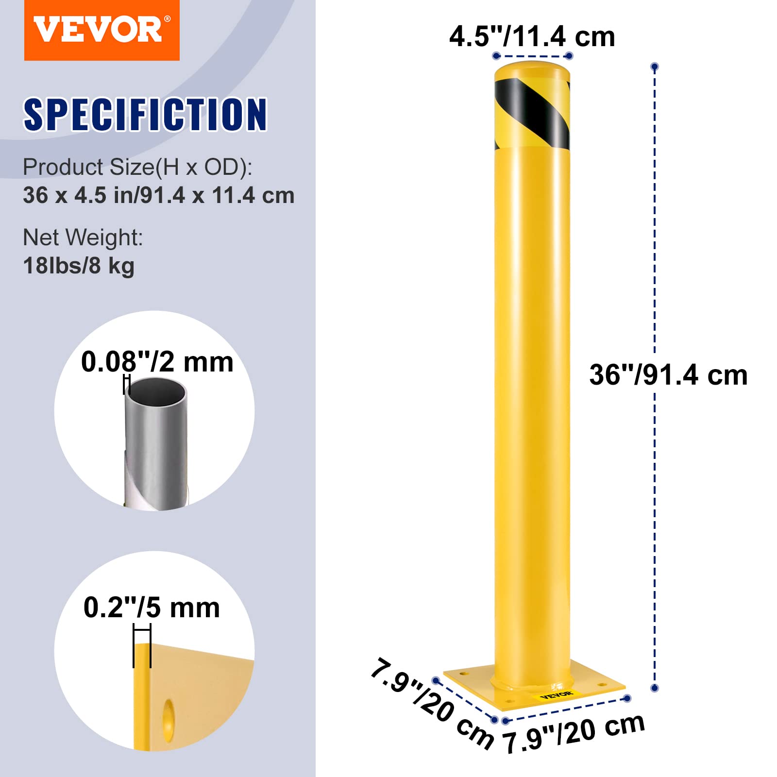VEVOR Bolardo de Seguridad Metal 91.4cm Acero Amarillo Tráfico