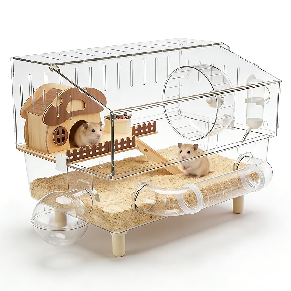 Acrylic Hamster Cage, HOVCEH 2-Layer Clear Hamster Cage with Exercise Wheel, Platform, Bowl and Water Bottle, Large Mouse Cages Pet Home for Hamsters, Squirrels, Hedgehogs, 45 * 28 * 34cm