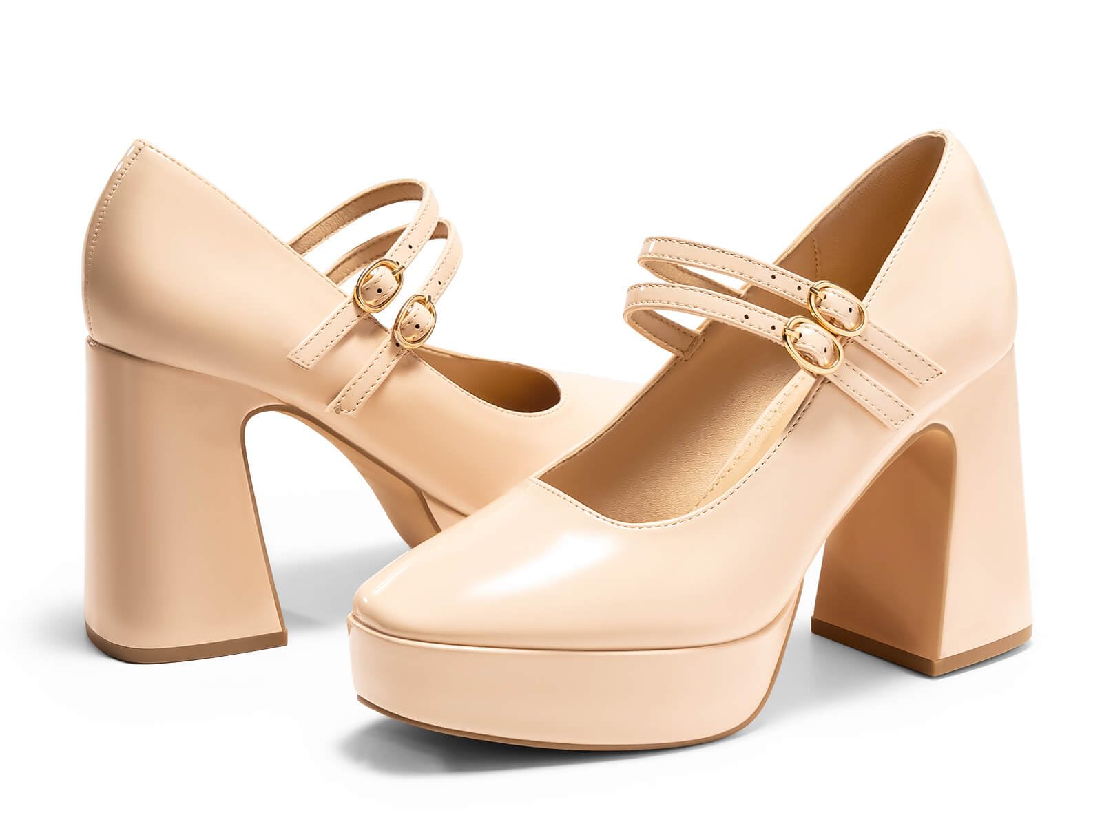 Coutgo Womens Mary Jane Platform High Heels Chunky Block Heel Closed Toe Pumps Buckle Strap Wedding Dress Shoes