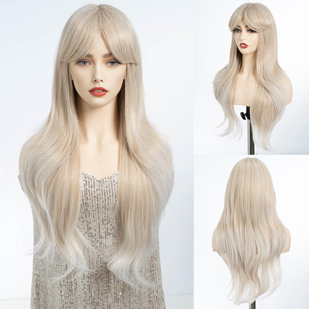 DÉBUT Long White Wig With Fringe for Women Heat Resistant Synthetic Layered Hair Wigs With Highlights for Daily Party Cosplay Use(26 inches