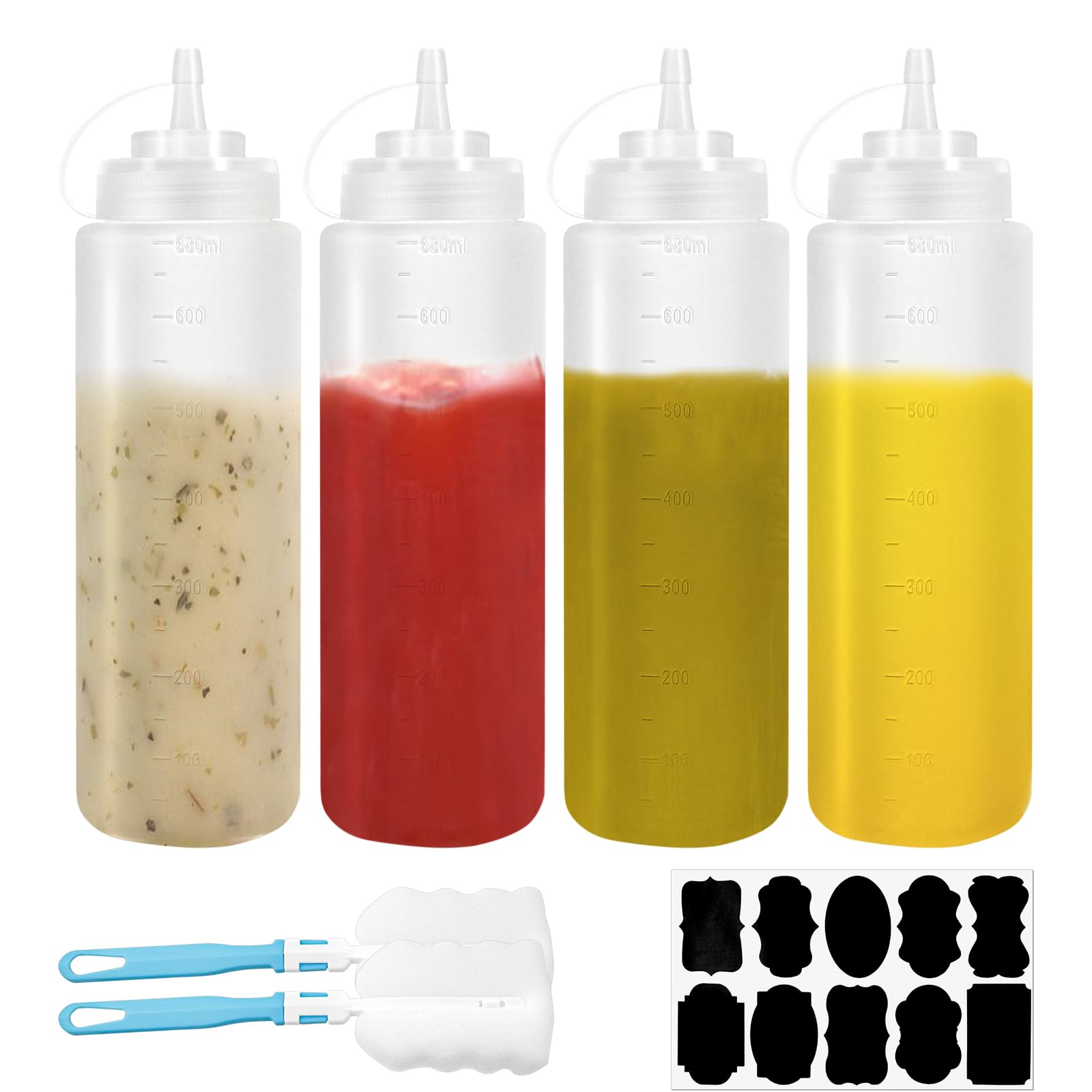 4 Pezzi Bottiglia Squeeze di Plastica 680 ML/24oz,Trasparente Biberon da Cucina con 2pcs spazzola di pulizia e 10pcs adesivi,Squeeze Bottle per Ketchup,Salse,Olio d'oliva