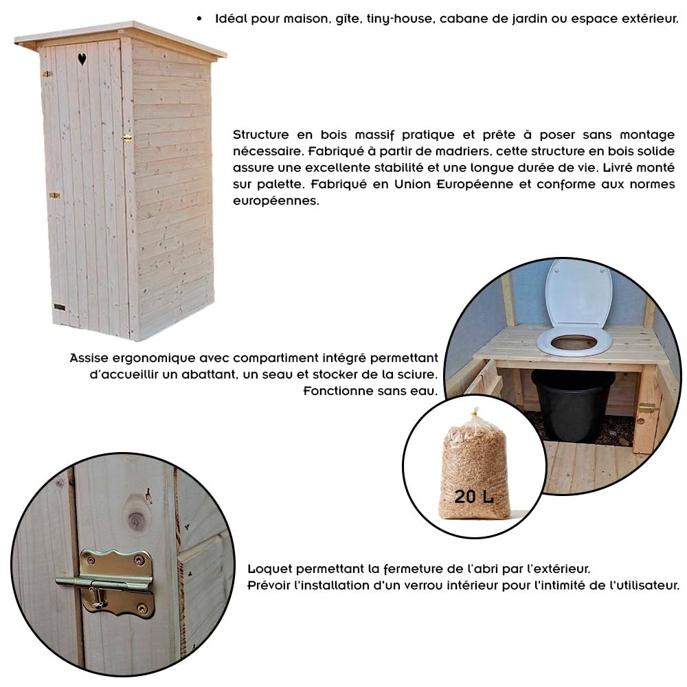 Cabine toilette sèche artisanale extérieur + abattant, seau et sciure 20 L