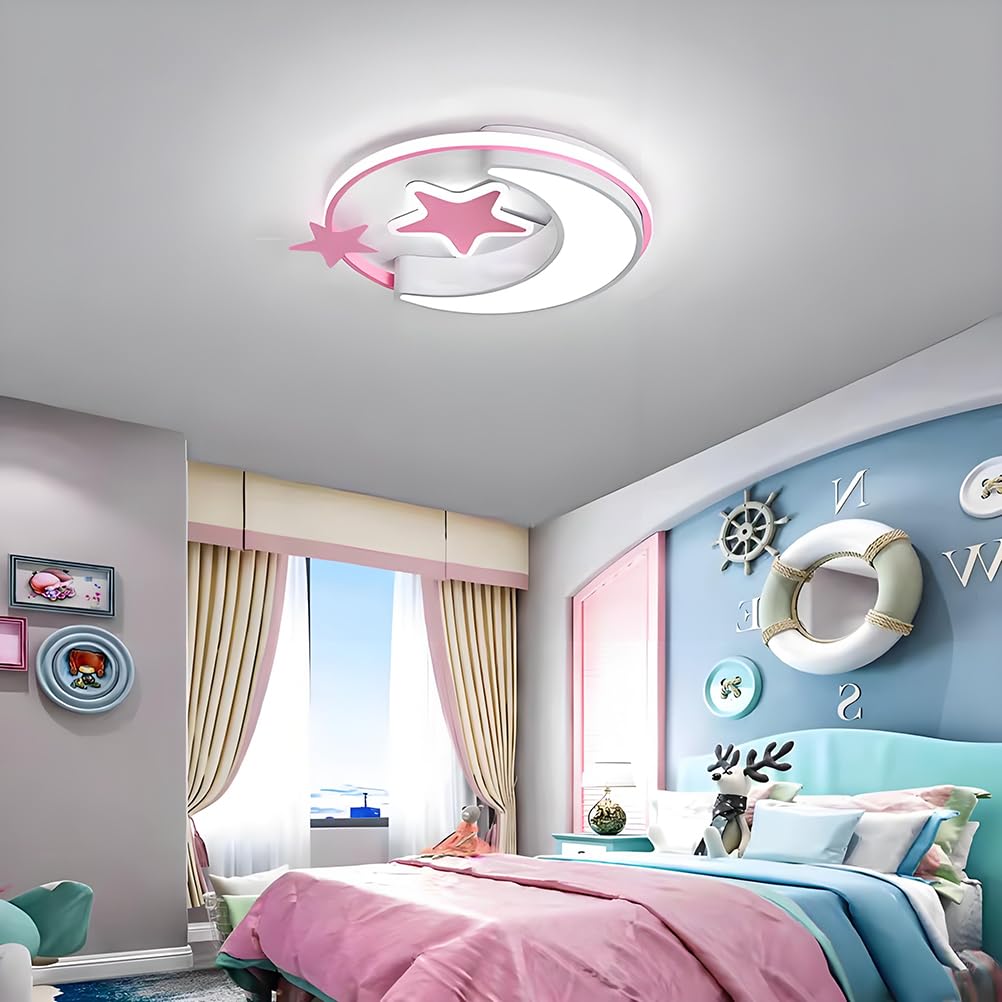 AoLa Lampa sufitowa pokoju dziecięcego ściemnialna za pomocą pilota wzór gwiazdy i księżyca okrągła nowoczesny i kreatywny design dla chłopców i dziewczynek dekoracja pokoju 3000K-6000K,Pink