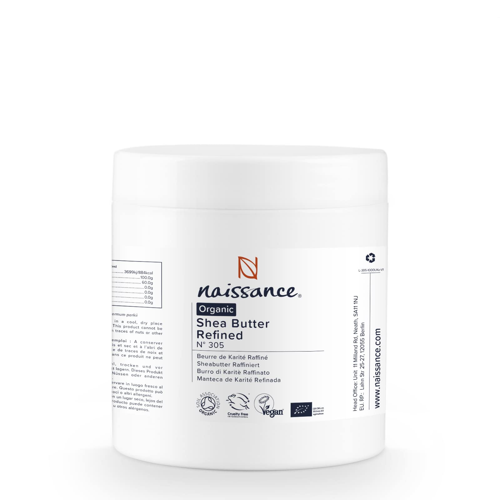 Naissance Organiczne Masło Shea (nr 305) 500g - Czyste, Naturalne, Rafinowane, Bezzapachowe Masełko Shea Karite z Ghany, Ręcznie Ugniatane, do Skóry i Włosów