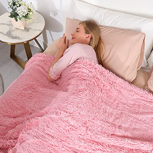 Image of Decorative Extra Soft Faux Fur Throw Blanket 50 inchx60 inch,Solid Reversible Fuzzy Double Layers Lightweight Long Hair Shaggy Blanket,Fluffy Cozy Plush Fleece Comfy Microfiber Blanket for Couch Sofa Bed,Pink