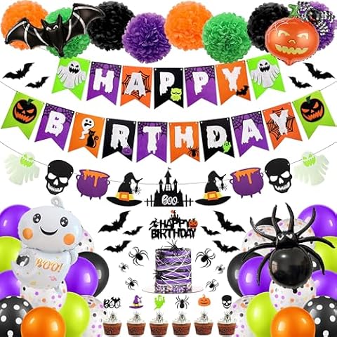 Halloween Birthday Party Decorations, Halloween Party Supplies with Happy Birthday Banner Halloween Garland Latex Balloons Cake Toppers for Kid Halloween Theme Birthday Party Decor Cover