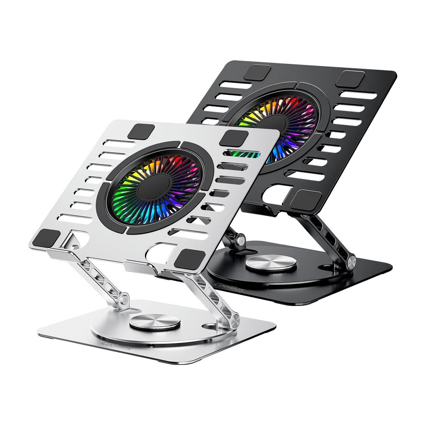 CoolAir - Support portable avec ventilateur silencieux RGB de 11 cm, base réglable en hauteur et rotation à 360°, réfrigérateur portable avec vitesse réglable, tablettes/ordinateurs portables jusqu'à