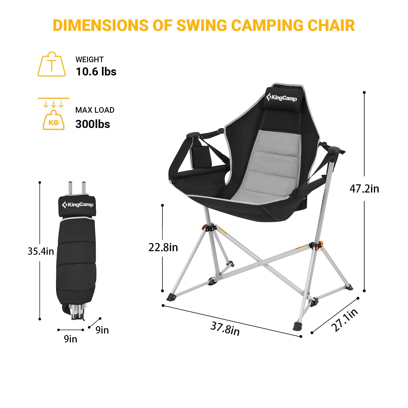 KingCamp Hammock Camping Chair Swinging Recliner Chair for Backyard Lawn Beach Camp Outside Indoor Adults Portable Lounger Folding Chair Hold Up to 300lbs with Carrying Bag Cup Holder (Black/Grey)
