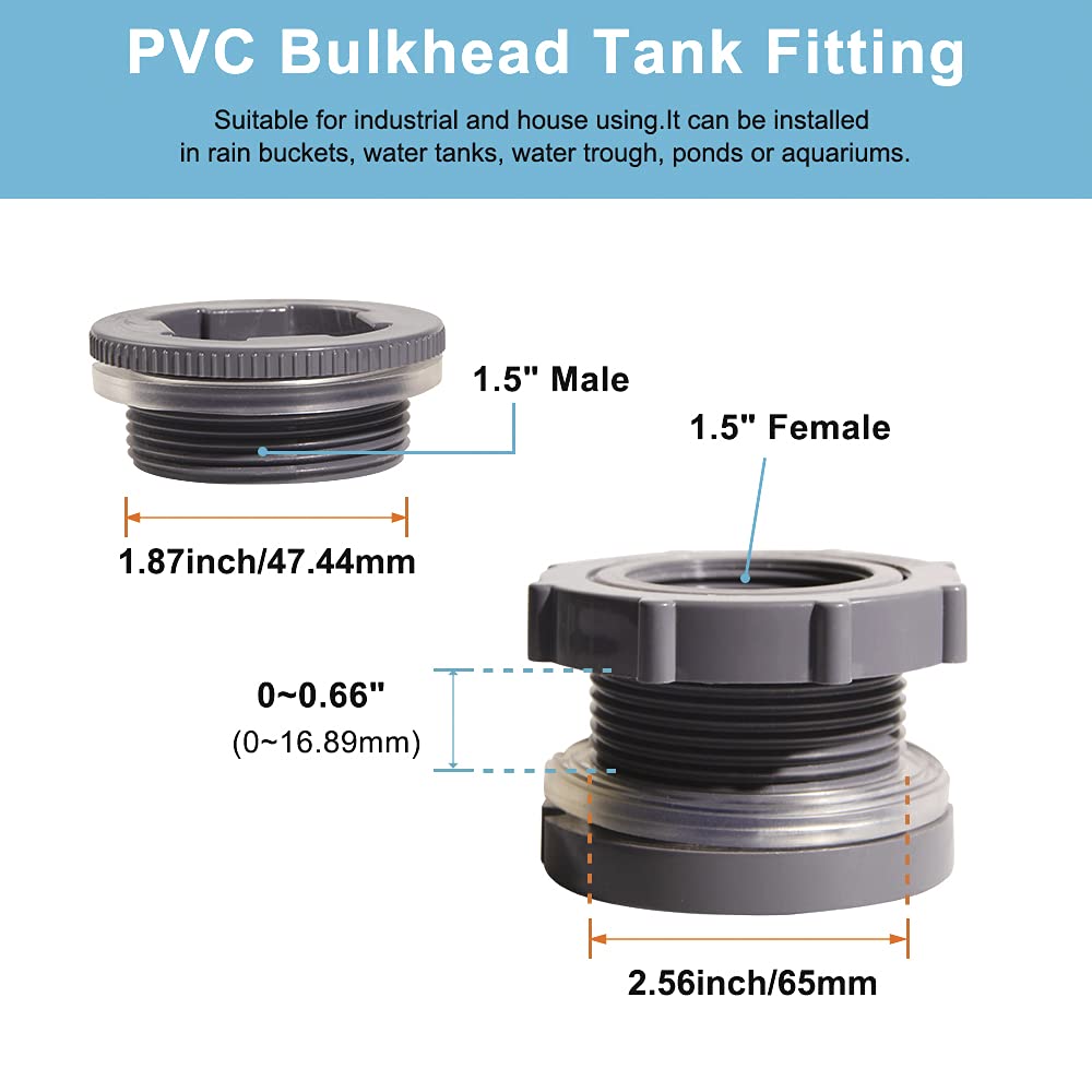 QuQuyi Adaptador de conector de tanque de agua de PVC de 1.5 pulgadas con tapones a granel para barriles de lluvia, acuarios, estanques (juego de 2)
