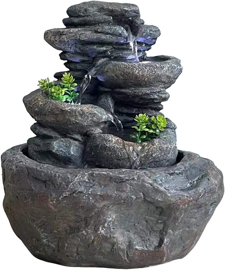 SEINHIJO Indoor Fountain Tabletop Water Fountain Fengshui Cascading Waterfall Table Centerpiece Decor Modern Sculpture Gifts LED Lights 12inch