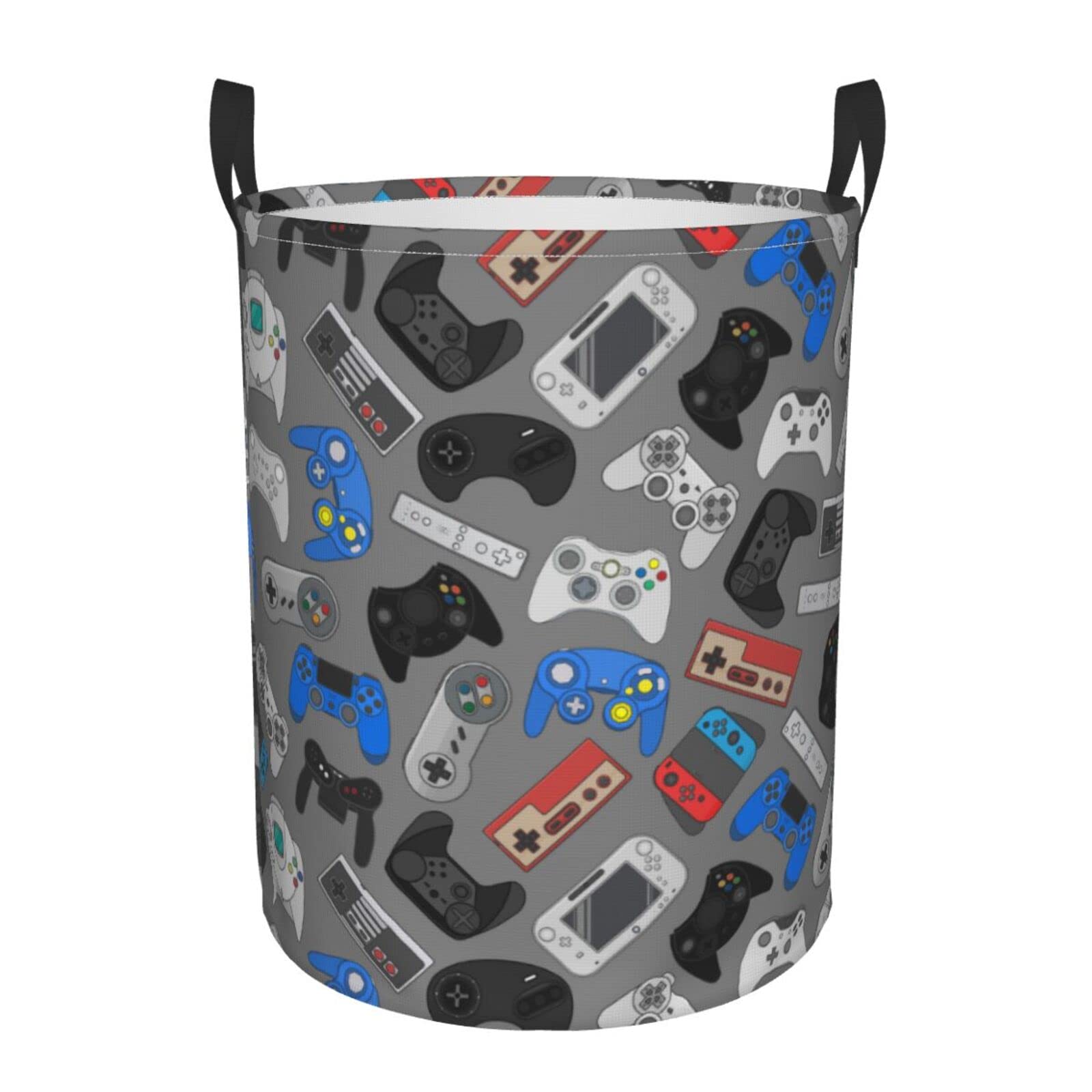 Video Game Controller Grey Background Round Laundry Hamper Gaming Theme Storage Basket Toys Clothes Organizer Bin For Home Bathroom Bedroom Dorm Nursery, 38l