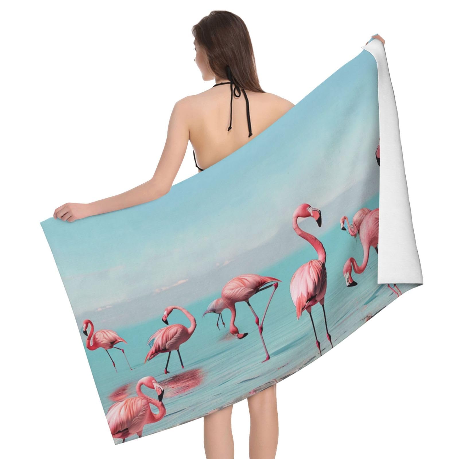 BWWHCCTI Flock of Flamingos on The Beach Printed Microfiber Quick Dry Bath Towel, Soft Beach Towels for Travel,Camping,Gym,Beach,Swimming,Yoga, 130x80 CM