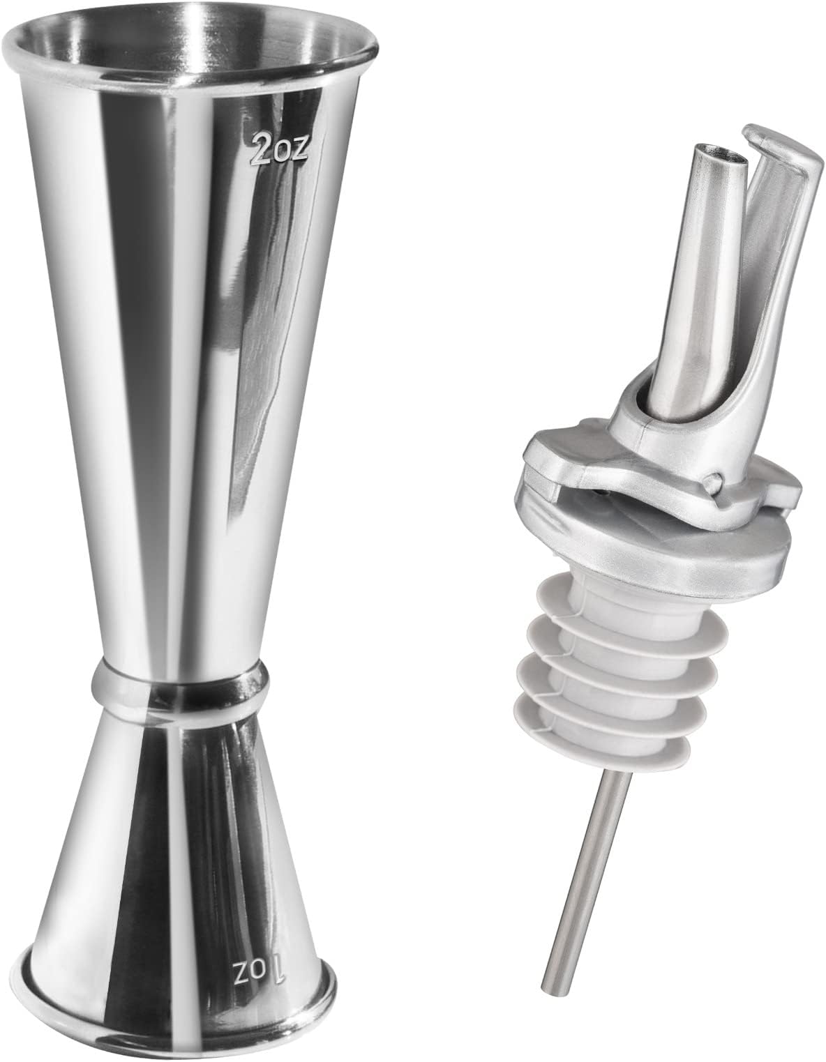 Spirit Measure Jigger and Spirit Pourer Bar Set – Double Jigger with BPA-Free Natural Rubber ClickSeal Speed Spouts – Dishwasher Safe, Universal Fit
