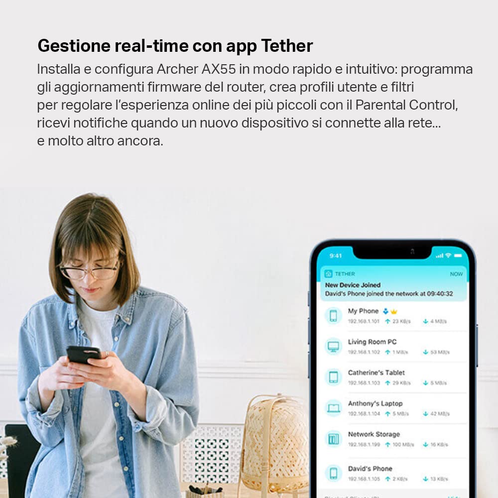 TP-Link Archer Ax55 Router Wifi 6 Dual-Band Ax 3000 Mbps, 5 Porte Gigabit, 1 Porta Usb 3.0, TP-Link Homeshield, Onemesh, Router F, Ftth, Fttb, Ethernet, Tether App, Compatibile Con Alexa, Nero