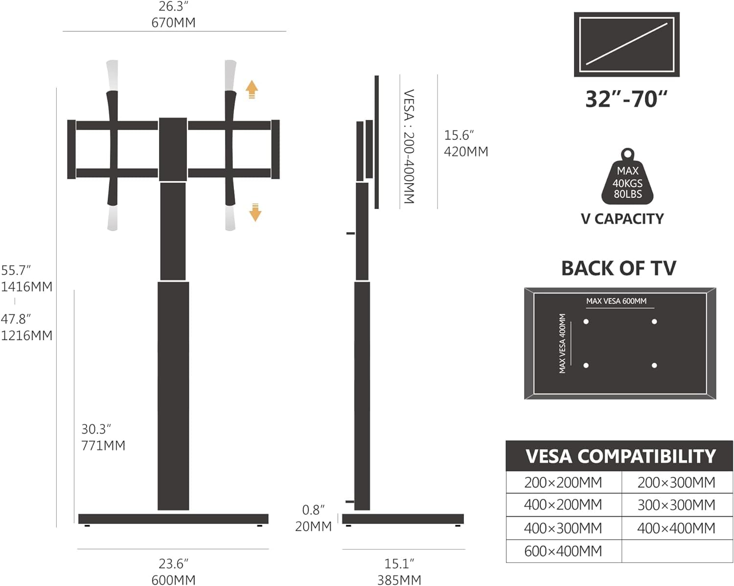 FITUEYES Soporte TV Pie 32-70 Pulgadas con Base Madera, MAX VESA 600×400mm | Soporte TV Suelo Giratorio, Altura Ajustable, Gestión Cable, Diseño para Salón, Dormitorio y Oficina