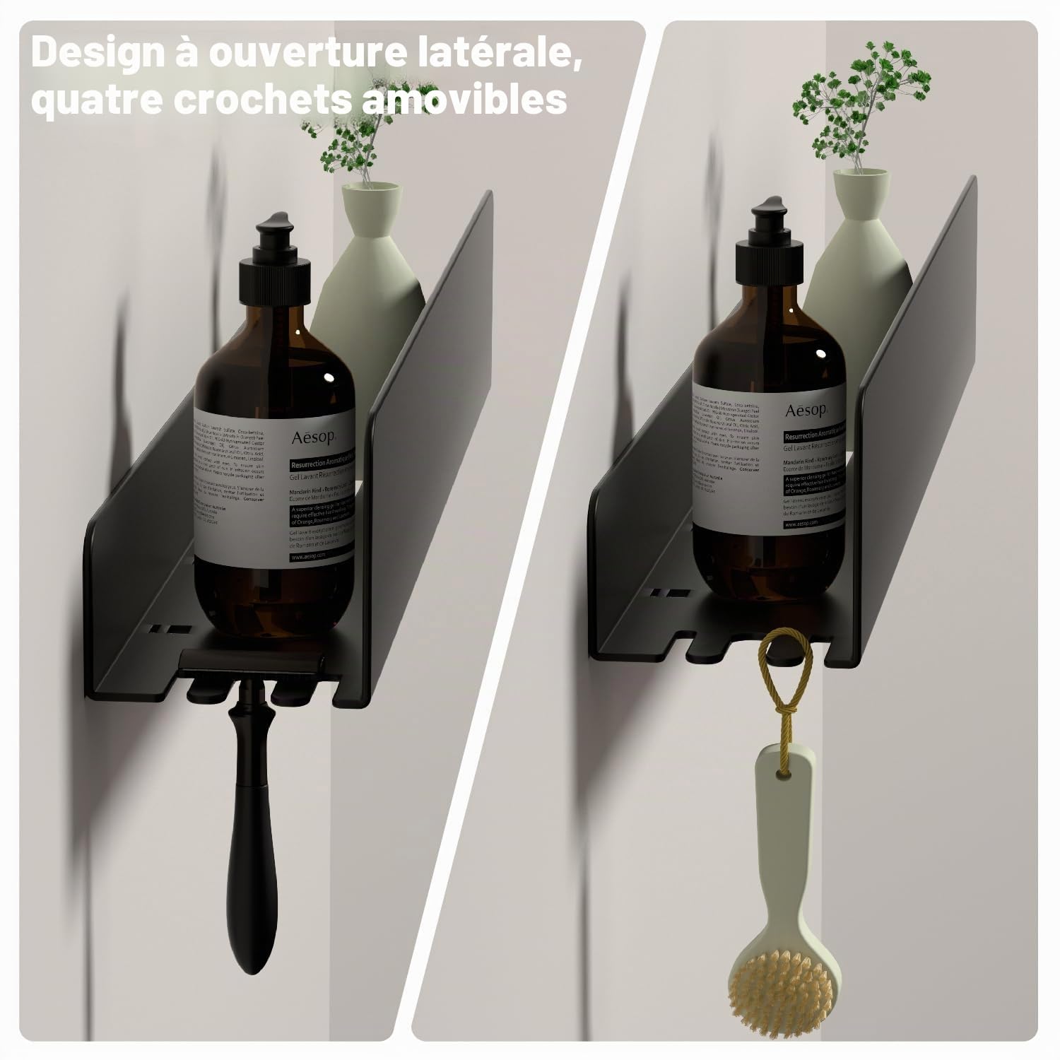 REKITA Étagère de douche sans perçage, 40 cm, en acier inoxydable avec 4 crochets amovibles, support de douche mural adhésif, étagère de bain antirouille pour salle de bain, cuisine, salon