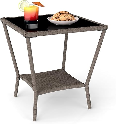 Miniatura 15 de kinbor Mesa auxiliar para exteriores, mesas de porche pequeñas, mesas auxiliares de mimbre, mesa auxiliar de patio para patio trasero piscina