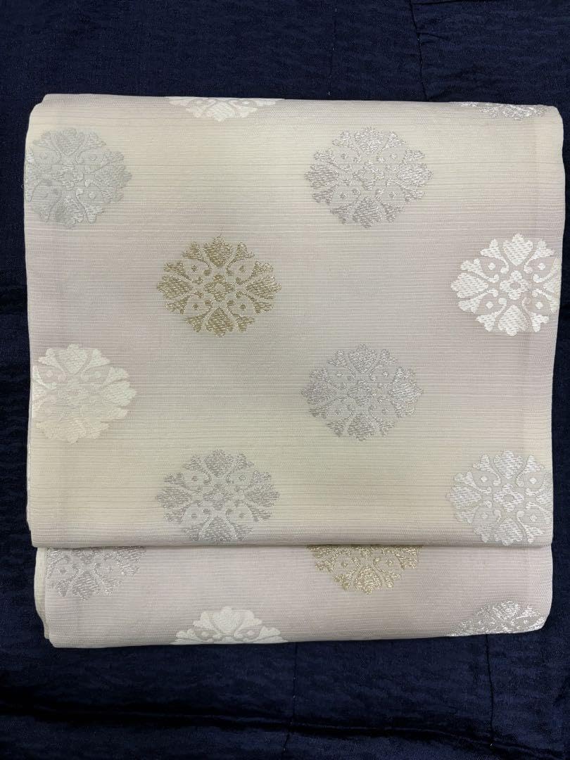 Amazon.co.jp: 夏帯 袋帯 西陣織 名物裂 透かし柄 オフ白 ピンク 横段  