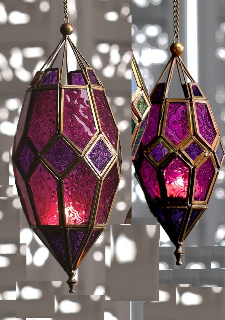 The Decor Affair 2 Pcs Moroccan Charm to Your Home or Garden with This Stunning Hanging Coloured Tonal Glass Lantern Tea Light Holder - The for Any Occasion Decoration. (Purple)