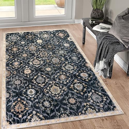 KILOCOCO 3x5 Moroccan Super Soft Area Rug Washable Living Room, Vintage Floral Rug Indoor Non-Slip, Print Faux Wool Accent Indoor Entryway Rug for Laundry Playroom Office, Black/Navy Blue/Multi