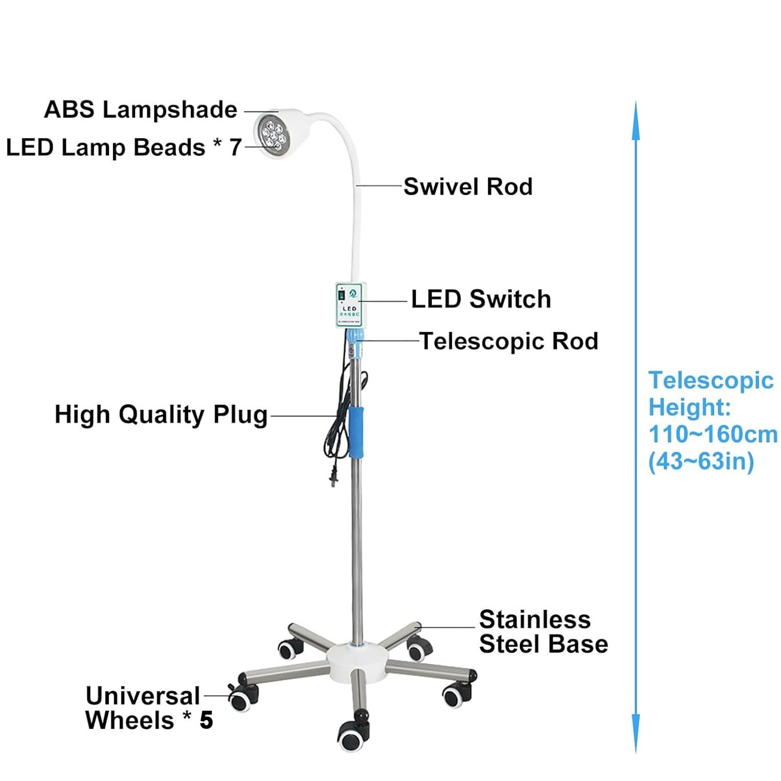 Lampa do Badań Lekarskich, Lampa Podłogowa do Badań Ginekologicznych, Lampa Chirurgiczna LED z Regulacją Wysokości i Kąta, Dla Ambulatoriów, Stomatologii, Laryngologów