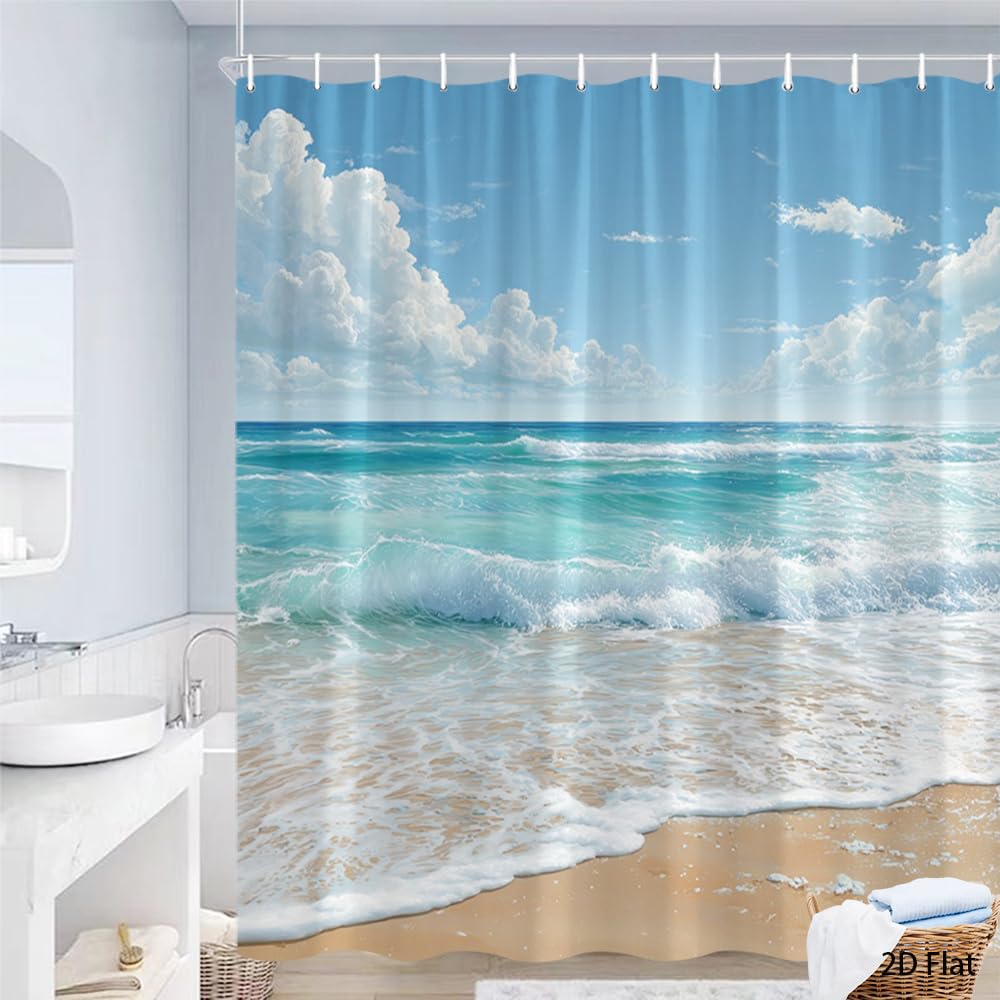 Glwdmb H-17 1 Piece 150X180cm Coastal Ocean Wave Printed Shower Curtain With Hook, Polyester, For Windows And Walls, Bathtub, Bathroom, Machine Washable, All Season Universal
