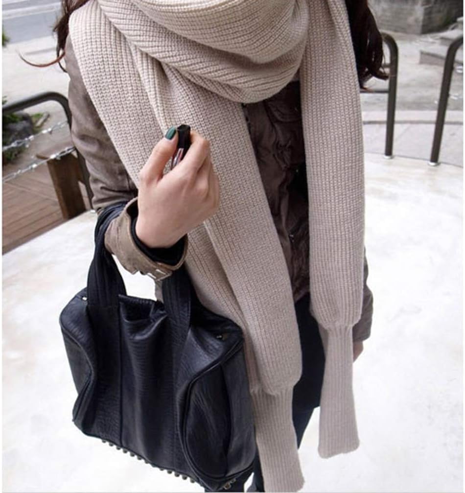 SEWACC Knitted Wrap Scarf Autumn Winter Knitted Scarf with Sleeves Unisex Cape Shawl for Women Men (Beige)