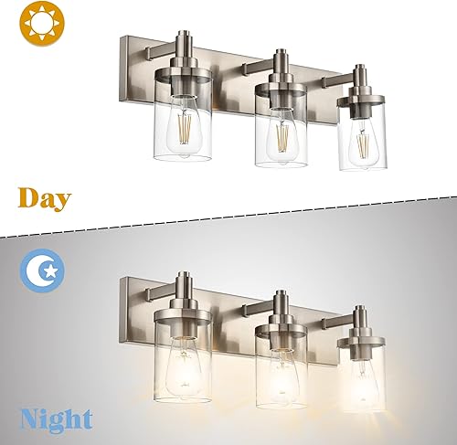 Miniatura 5 de Modernas luces de tocador de baño, 3 luces, aplique de pared, base E26, níquel cepillado, lámpara de pared industrial con pantalla de vidrio