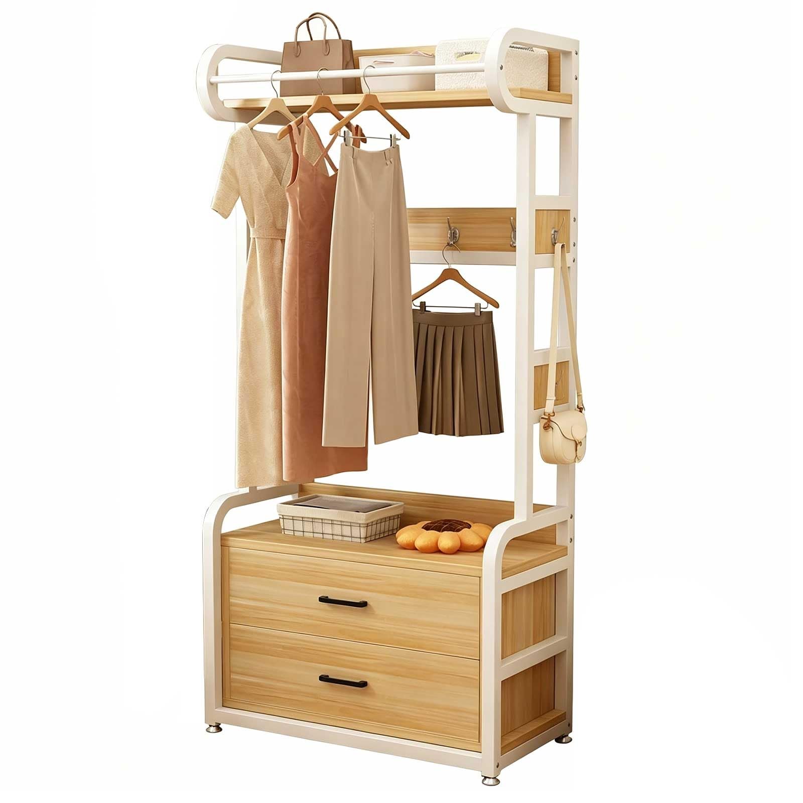 KIBONCY Freestanding Clothing Rack with 2 Drawers & Hooks, Wood Top Garment Rack with Storage Shelf for Bedroom, Entryway, Closet(B,80CM)