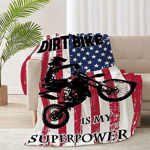 Image of SUPERICH Motorcycles Dirt Bike American Flag Blanket Gifts Super Soft Fleece Throw Blankets Cozy Flannel Air Conditioning Blanket Christmas Thanksgivng Gifts Blanket for Couch Bed 50x40 in for Kid