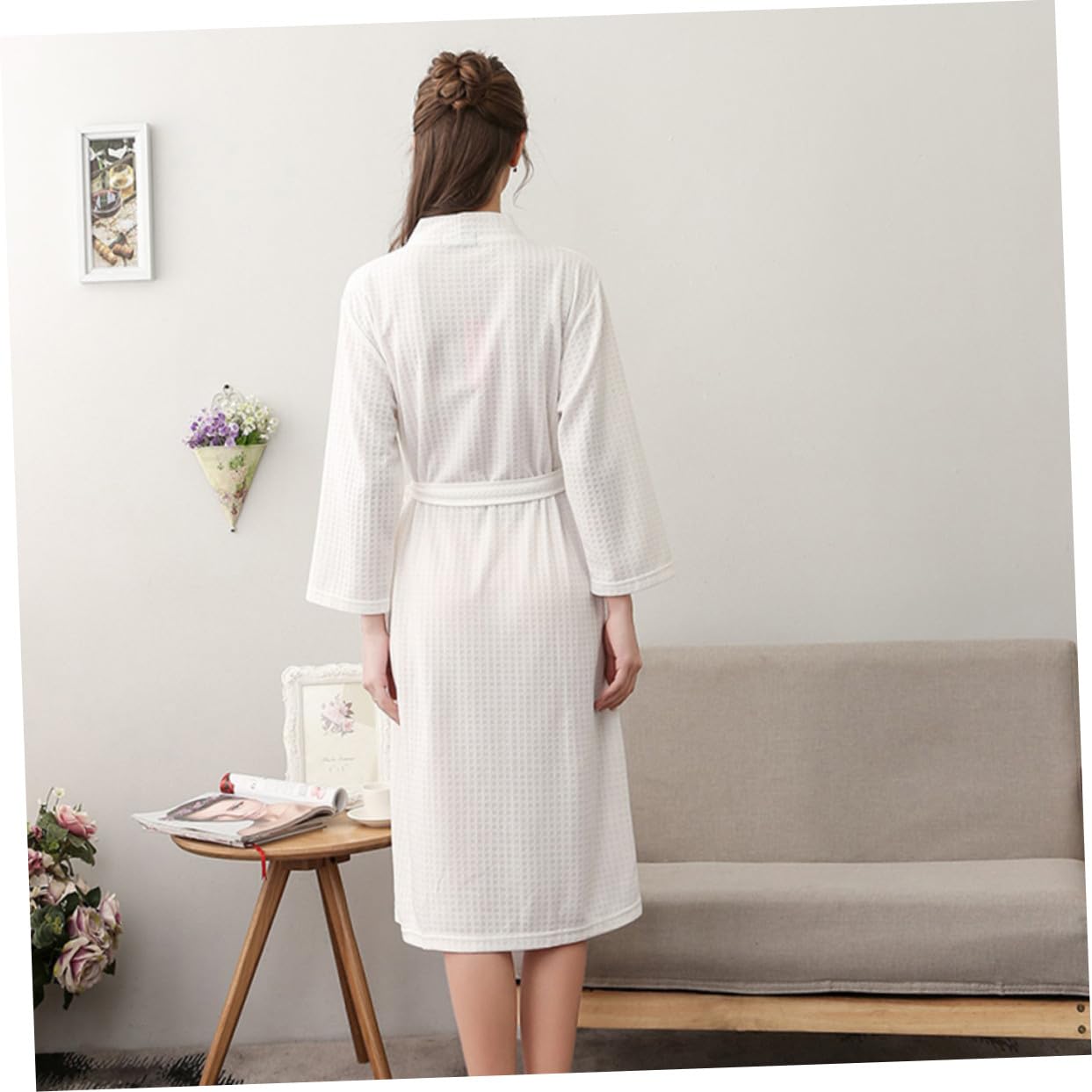 LIFKOME Peignoir de Nuit Femme Manches Polyester Respirant et Absorbant Robe de Chambre Pratique avec Ceinture Blanc Confortable pour Maison et Détente