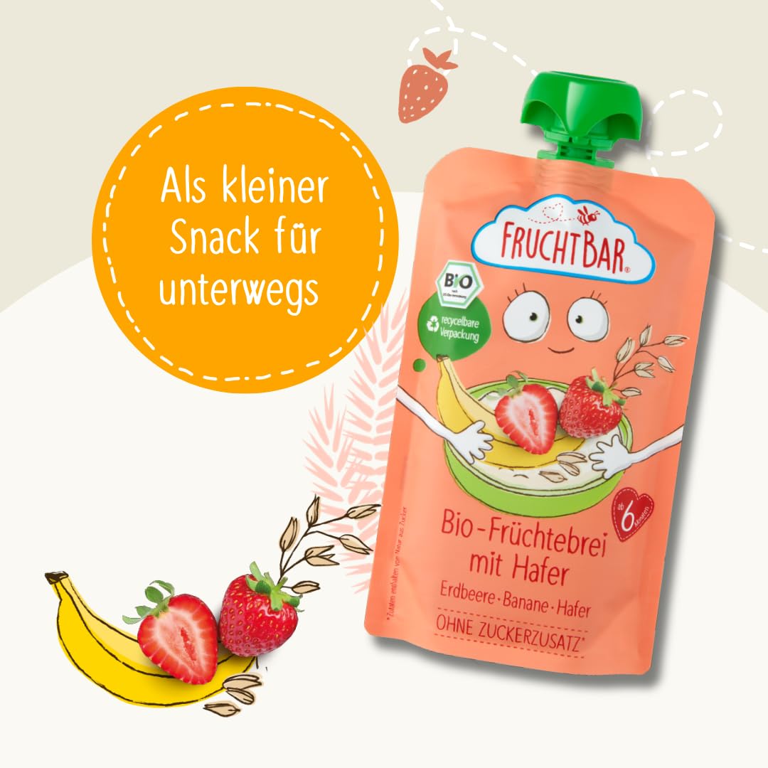 FruchtBar-Bio Quetschie, Vorratspack, Fruchtpüree für Babys ab 6 Monaten & Kinder (24 Stück, Bio Früchtebrei Erdbeere-Banane-Hafer)