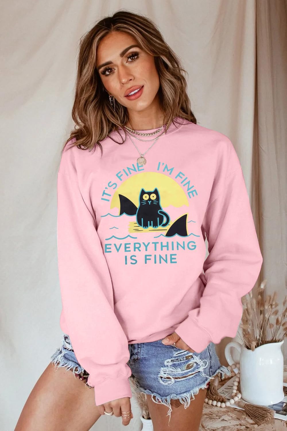 VILOVE Funny Sweatshirts for Women It‘s Fine I’m Fine Everything is Fine Shirts Inspirational T-Shirt Cute Sayings Tee Tops