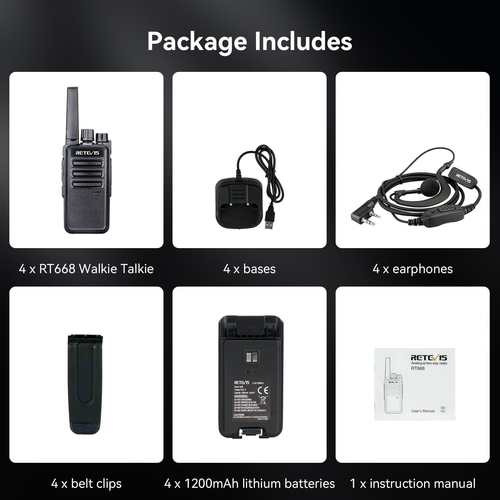 Retevis RT668 Walkie Talkie PMR446 Ricetrasmittenti VOX Anticaduta Antipolvere Auricolari 4 Pezzi Nero