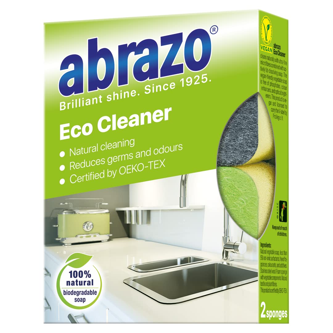 abrazo Eco Cleaner, Biodegradable Washing up Sponge | Non-Scratch scourers Sponge for Kitchen & Dishes with Dual Action: soap + Microfibre, Pack of 2